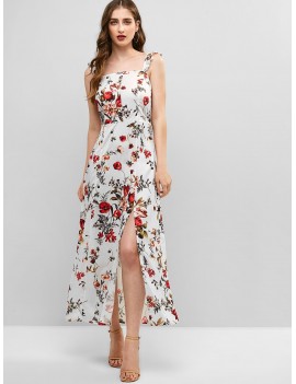  Floral Print Smocked Back Slit Dress - Multi S