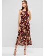 Open Back Feather Print Slit Maxi Dress - Red Xl