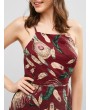 Open Back Feather Print Slit Maxi Dress - Red Xl