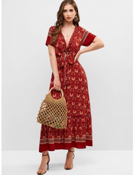 Tie Front Floral Ruffles Maxi Dress - Red L