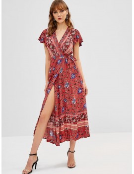 Floral Butterfly Sleeve Flounce Wrap Dress - Red M