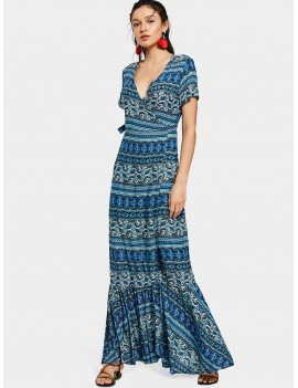 Printed Flounces Wrap Maxi Dress - Blue