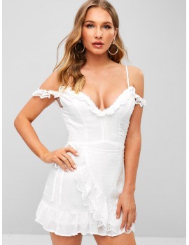 Lace Trim Cold Shoulder Ruffle Mini Dress - White M