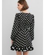  Polka Dot Lantern Sleeve Mini Ruffled Hem Dress - Black Xs