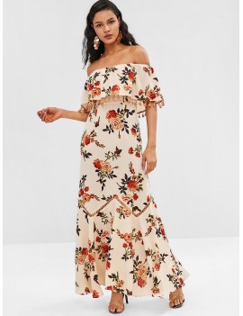  Tassel Flounce Flower Print Long Dress - Blanched Almond S
