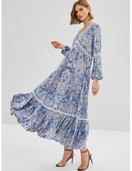  Flounce Maxi Printed Long Sleeve Dress - Day Sky Blue M