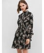Floral Print Crotchet Trim Long Sleeve Mini Dress - Black Xs