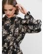 Floral Print Crotchet Trim Long Sleeve Mini Dress - Black Xs