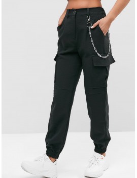 Flap Pockets Chain Jogger Pants - Black S