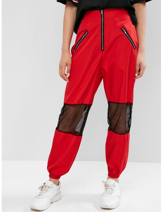 Zippered Mesh Panel Jogger Pants - Chestnut Red M