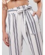 Belted Stripes Cuffed Hem Paperbag Pants - White M