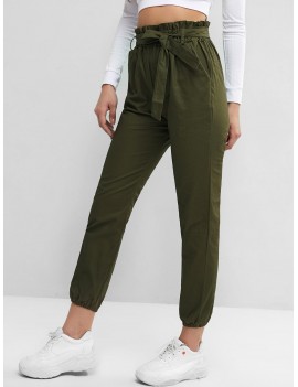 Solid Pockets Belted Paperbag Jogger Pants - Camouflage Green S