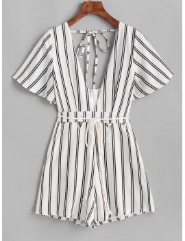 Belted Open Back Cut Out Stripes Romper - White M