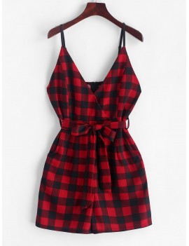 Belted Plaid Faux Surplice Cami Romper - Red Wine M