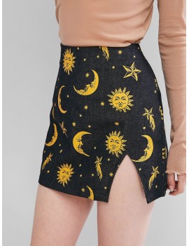  Cut Out Sun And Moon Denim Mini Skirt - Black S