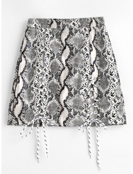 Snake Print Lace Up Faux Leather Mini Skirt - Multi M