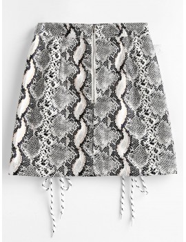 Snake Print Lace Up Faux Leather Mini Skirt - Multi M