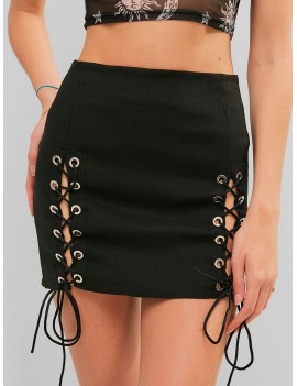 Side Zipper Lace Up Mini Skirt - Black M