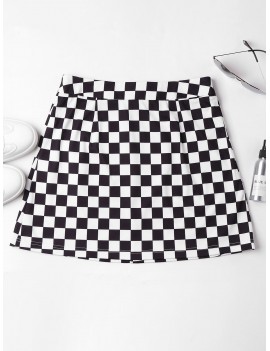 Zip Front Checkered Skirt - Black S