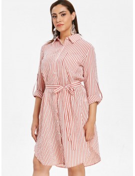  Plus Size Striped Shirt Dress With Belt - Multi 4x