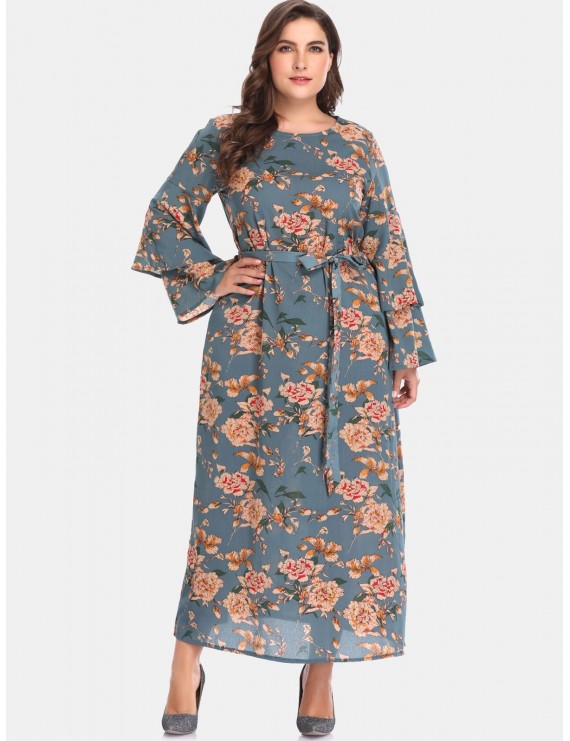 Floral Bell Sleeve Plus Size Maxi Dress - Peacock Blue 5x