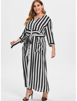 Striped Tie Plus Size Maxi Dress - White 3x