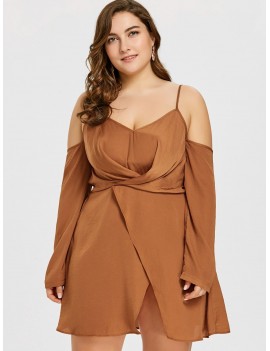 Plus Size Long Sleeve Overlap Dress - Light Brown 4xl