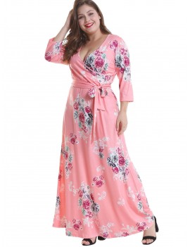 Floral Plus Size Surplice Maxi Belted Dress - Pink 1x