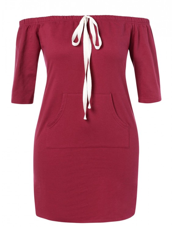  Plus Size Off Shoulder Pocket Dress - Red Wine 1x