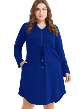Long Sleeve Plus Size Half Zip Drawstring Dress - Cobalt Blue 3x
