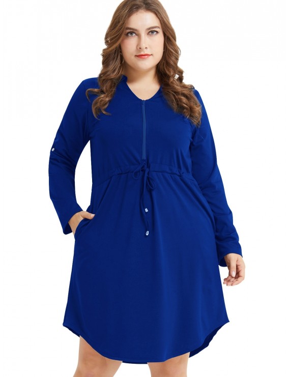 Long Sleeve Plus Size Half Zip Drawstring Dress - Cobalt Blue 3x