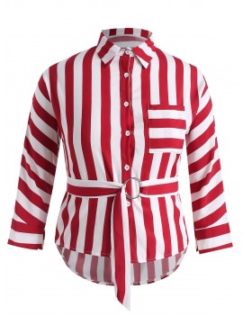 Plus Size Striped High Low Belted Shirt - Red 1x