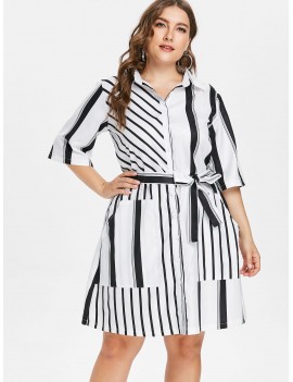 Plus Size Striped Belted Shirt - White 3x