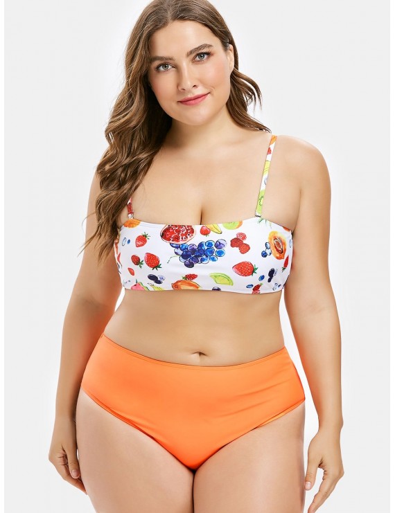 High Cut Plus Size Fruit Print Swimwear - Multi 2x