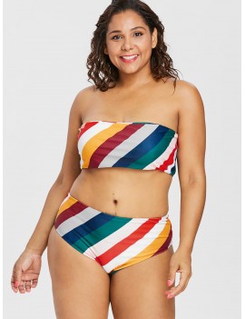 Plus Size High Waisted Striped Bandeau Swimwear - Multi-a L