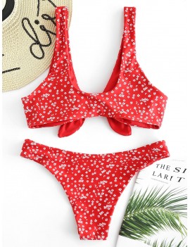 Tiny Floral Low Waisted Knot Swimwear Swimsuit - Fire Engine Red S