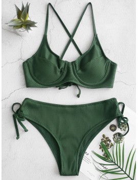  Ribbed Cinched Lace-up Underwire Swimwear Swimsuit - Medium Forest Green L