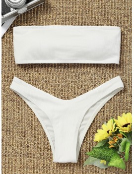 High Cut Ribbed Bandeau Swimwear Set - White S