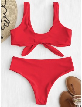  Tie Front Padded Swimwear Set - Bright Red M