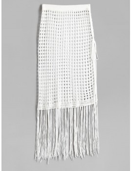Fringed Side Slit Crochet Skirt - White